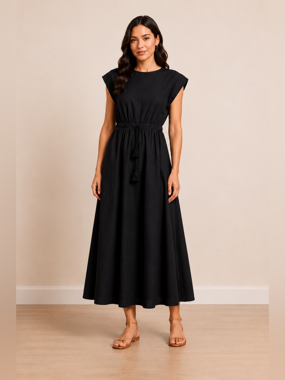 IMS Black Maxi Dress Size M Elastic Waist Tassel Boho Casual Ankle Length NWT